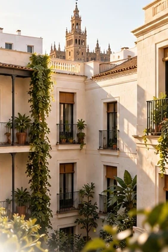 Patio andaluz de una comunidad de vecinos, con balcones y plantas